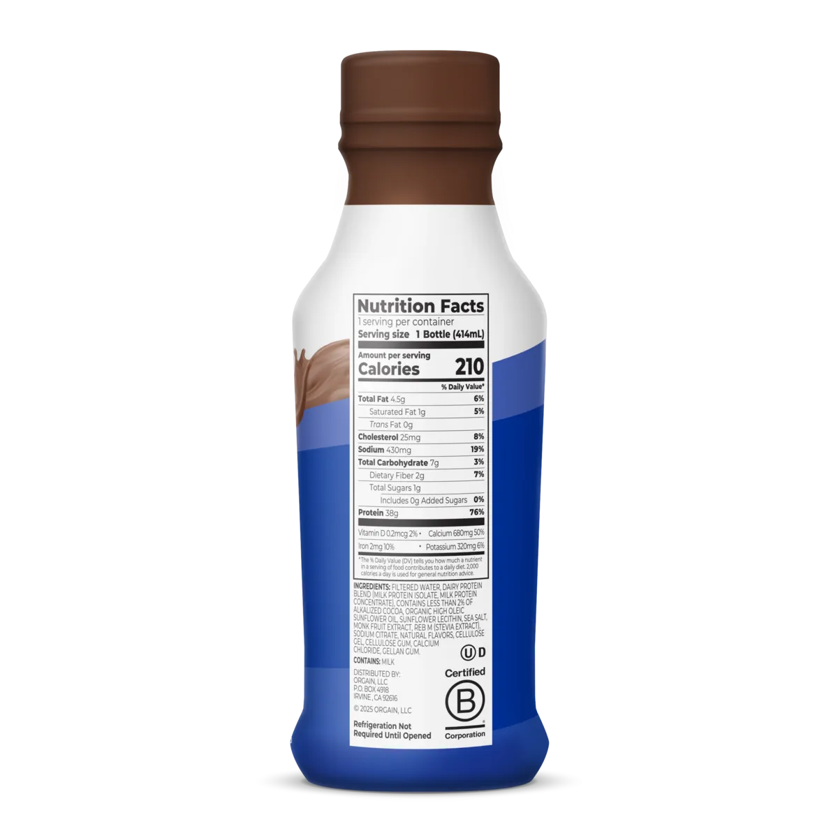 Right side of bottle for Orgain 38g Protein Shake in Chocolate Fudge flavor