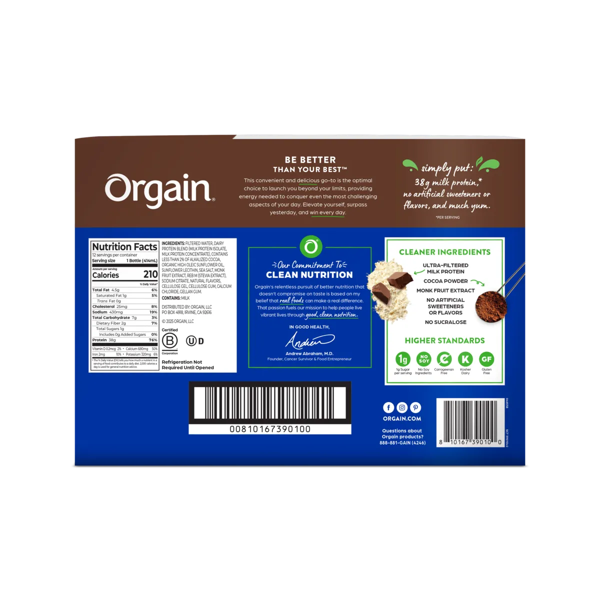 Back of Box for the Orgain 38g Protein Shake in Chocolate Fudge flavor in the 12 pack size
