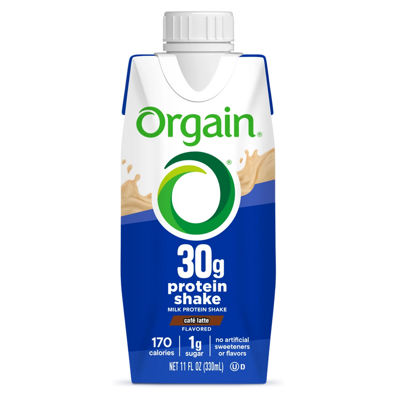 Orgain 30g Protein Shake Cafe Latte carton, 170 calories and 1g sugar per 11 fl oz