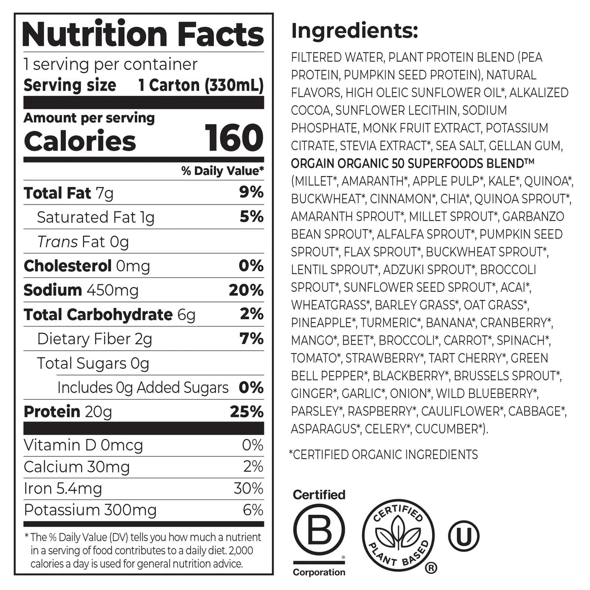 Nutrition Face Panel and list of ingredients for 20g Plant Protein plus 50 superfoods single shake
