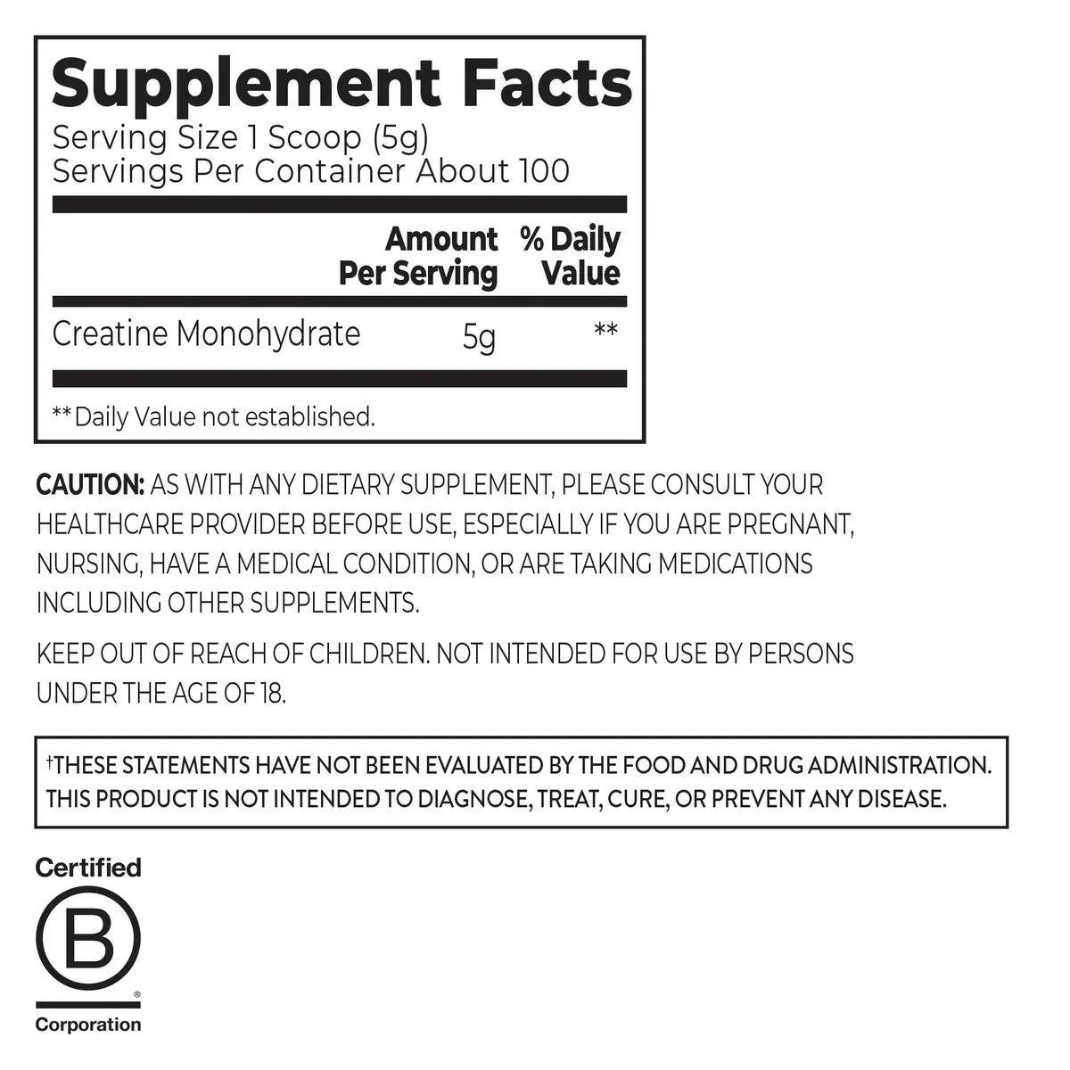 Supplement Fact Panel for Orgain Creatine Powder - Unflavored - 17.64oz 