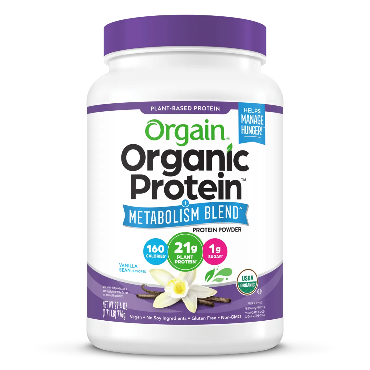 Front of Orgain Organic Protein Powder plus metabolism blend vanilla bean flavor in 1.71 lb canister