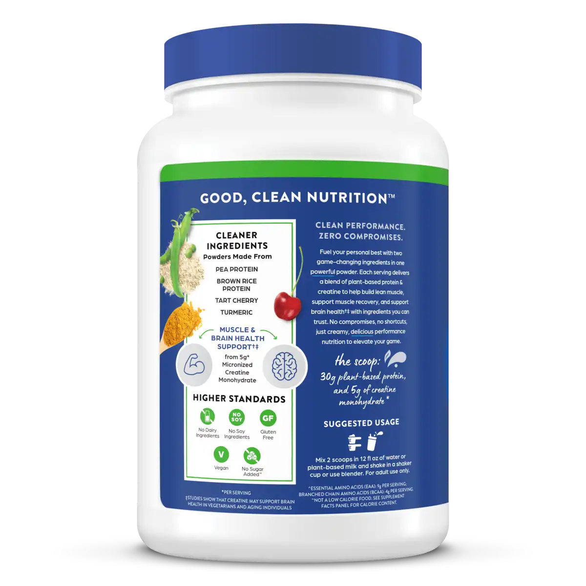Orgain 30g Protein + Creatine tub, side panel titled "Good, Clean Nutrition." Highlights cleaner ingredients (pea protein, brown rice protein, tart cherry, turmeric), muscle & brain health support from 5g micronized creatine monohydrate, and higher standards: no dairy, no soy, gluten-free, vegan, no sugar added. Includes the scoop callout of 30g plant-based protein and usage directions.