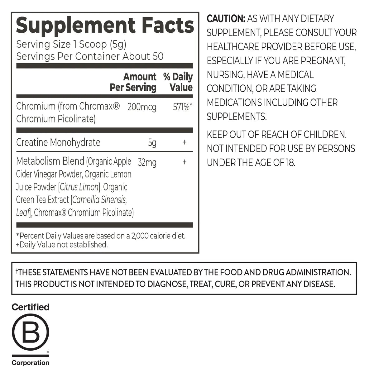 Nutrition Fact Panel for Creatine Lean Muscle