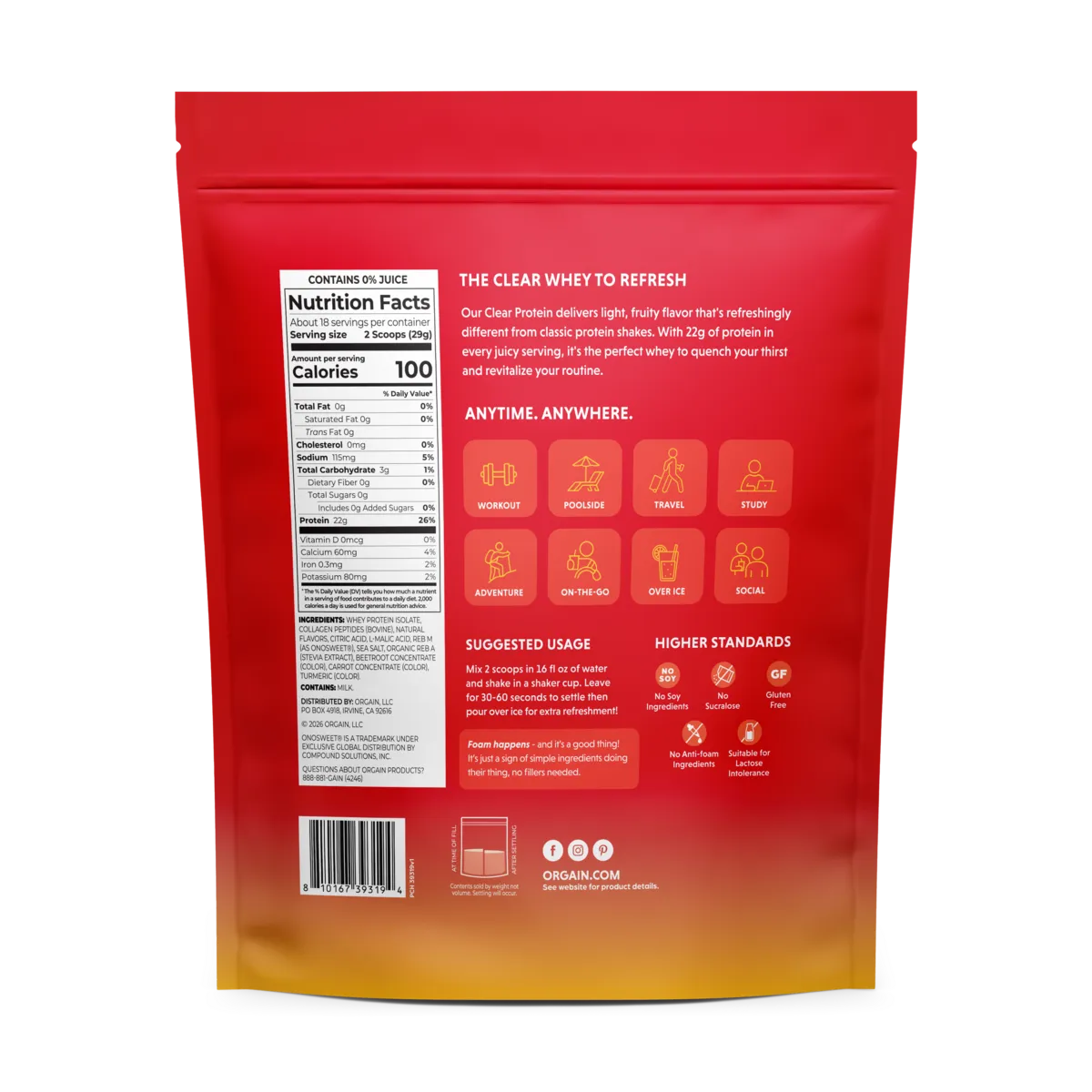 Back of Orgain Clear Whey Protein Powder Tropical Punch Flavor in 18.4 oz pouch