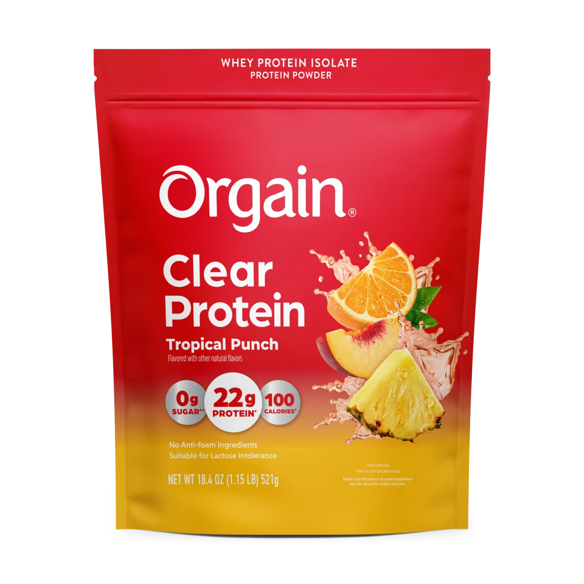 Front of Orgain Clear Whey Protein Powder Tropical Punch Flavor in 18.4 oz pouch