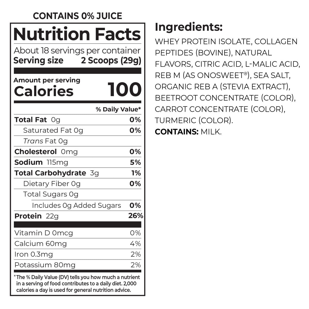 Nutrition Fact Panel and List of ingredients for Orgain Clear Whey Protein Powder Tropical Punch Flavor in 18.4 oz pouch