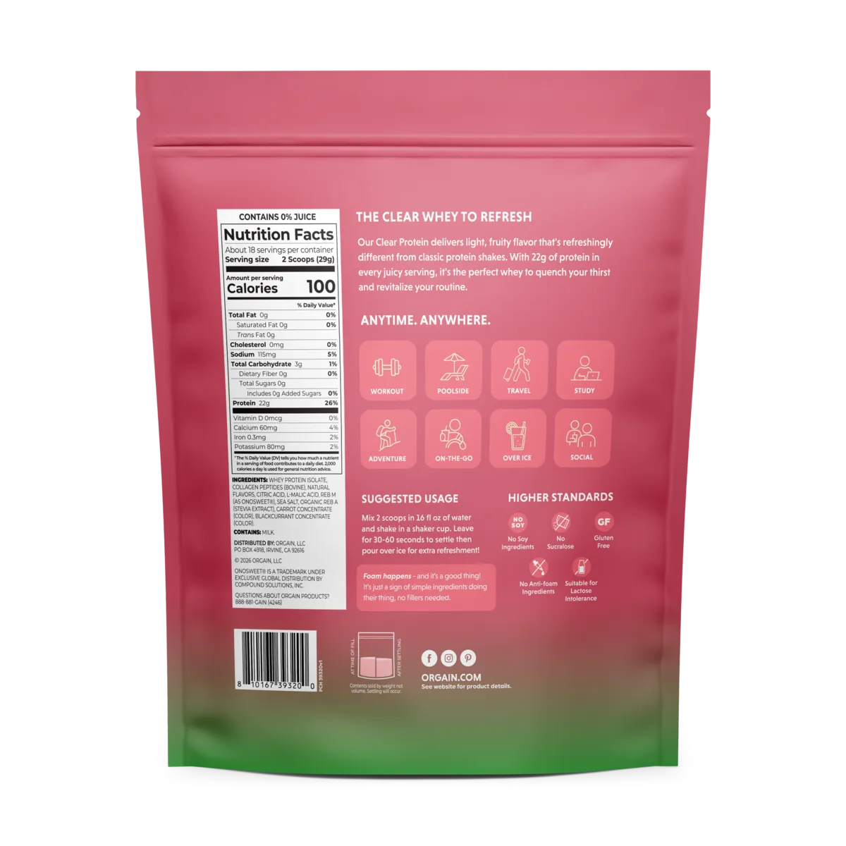 Back of Orgain Clear Whey Protein Powder Watermelon Flavor in 18.4 oz pouch