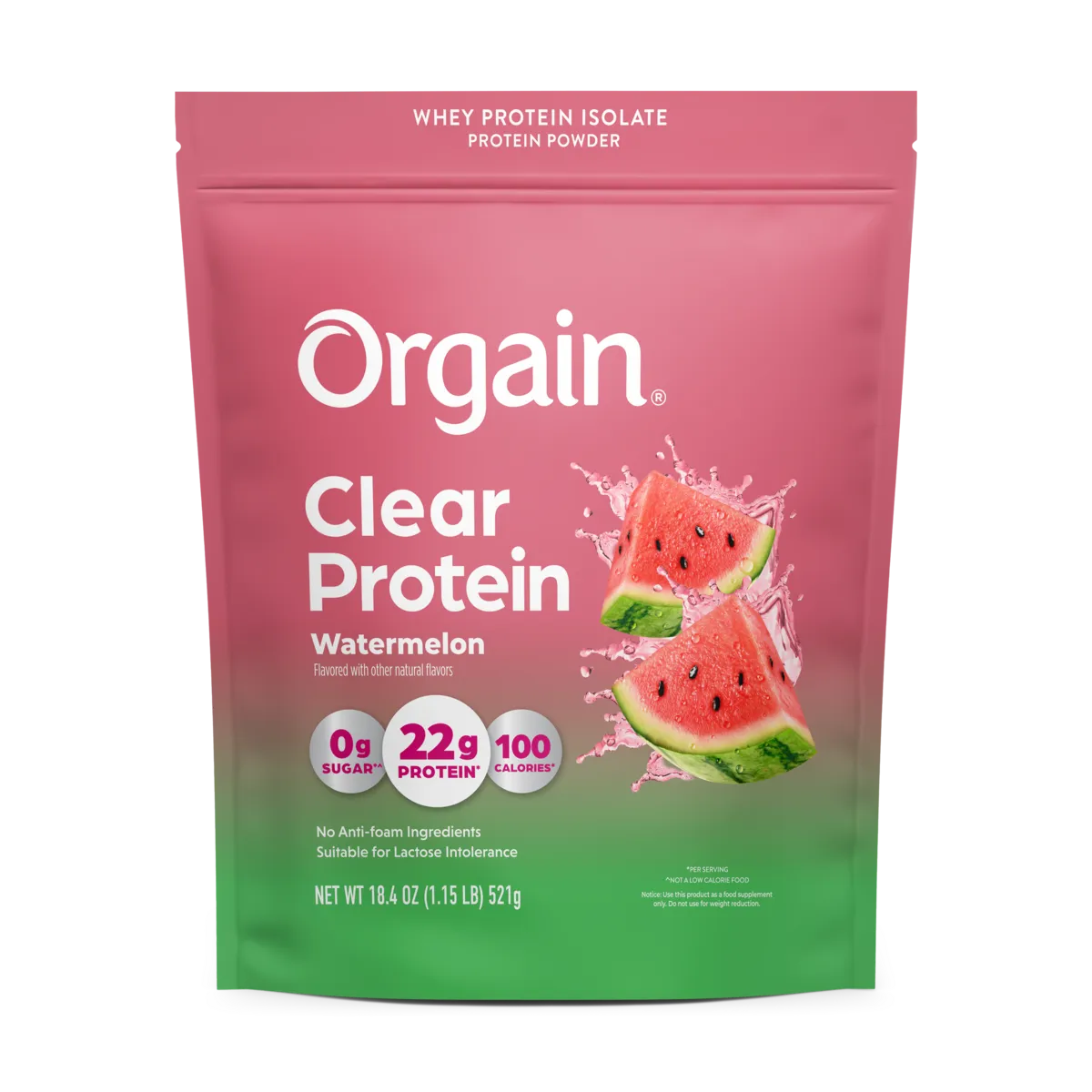 Front of Orgain Clear Whey Protein Powder Watermelon Flavor in 18.4 oz pouch