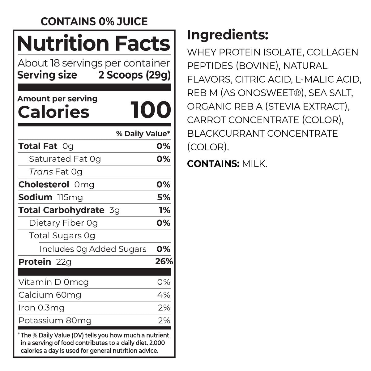 Nutrition Fact Panel and list of ingredients for Orgain Clear Whey Protein Powder Watermelon Flavor in 18.4 oz pouch