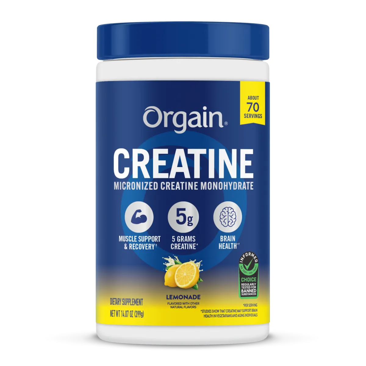 A white plastic tub of Orgain Creatine Micronized Creatine Monohydrate with a dark blue cap and a blue label featuring yellow accents, lemon graphics, and product details.