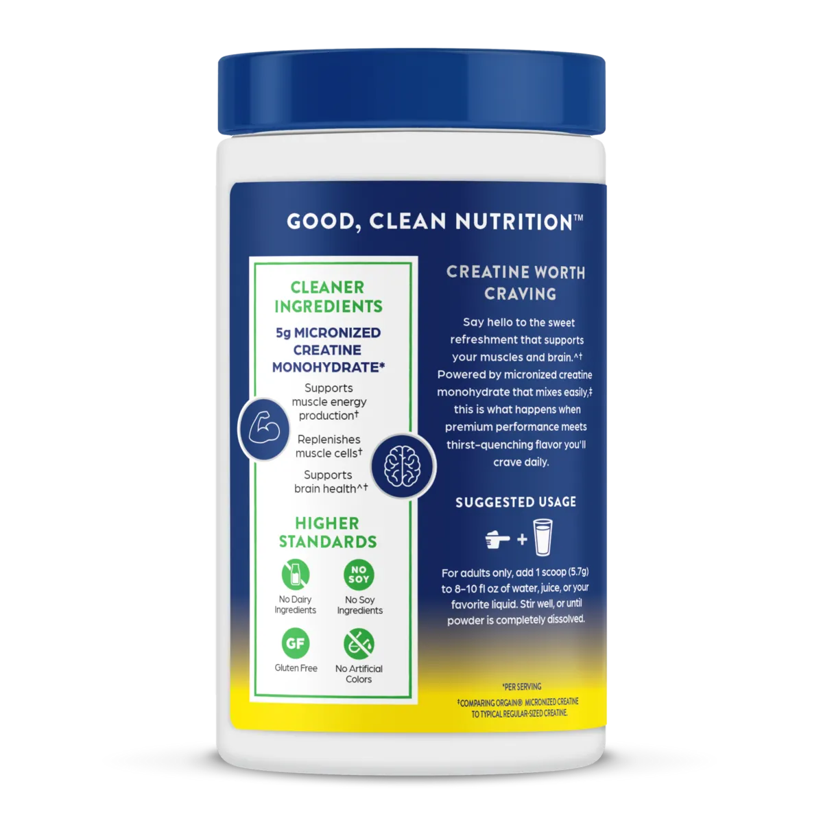 A white plastic bottle of Good, Clean Nutrition Creatine Monohydrate with a dark blue cap and a dark blue label featuring white and green text.