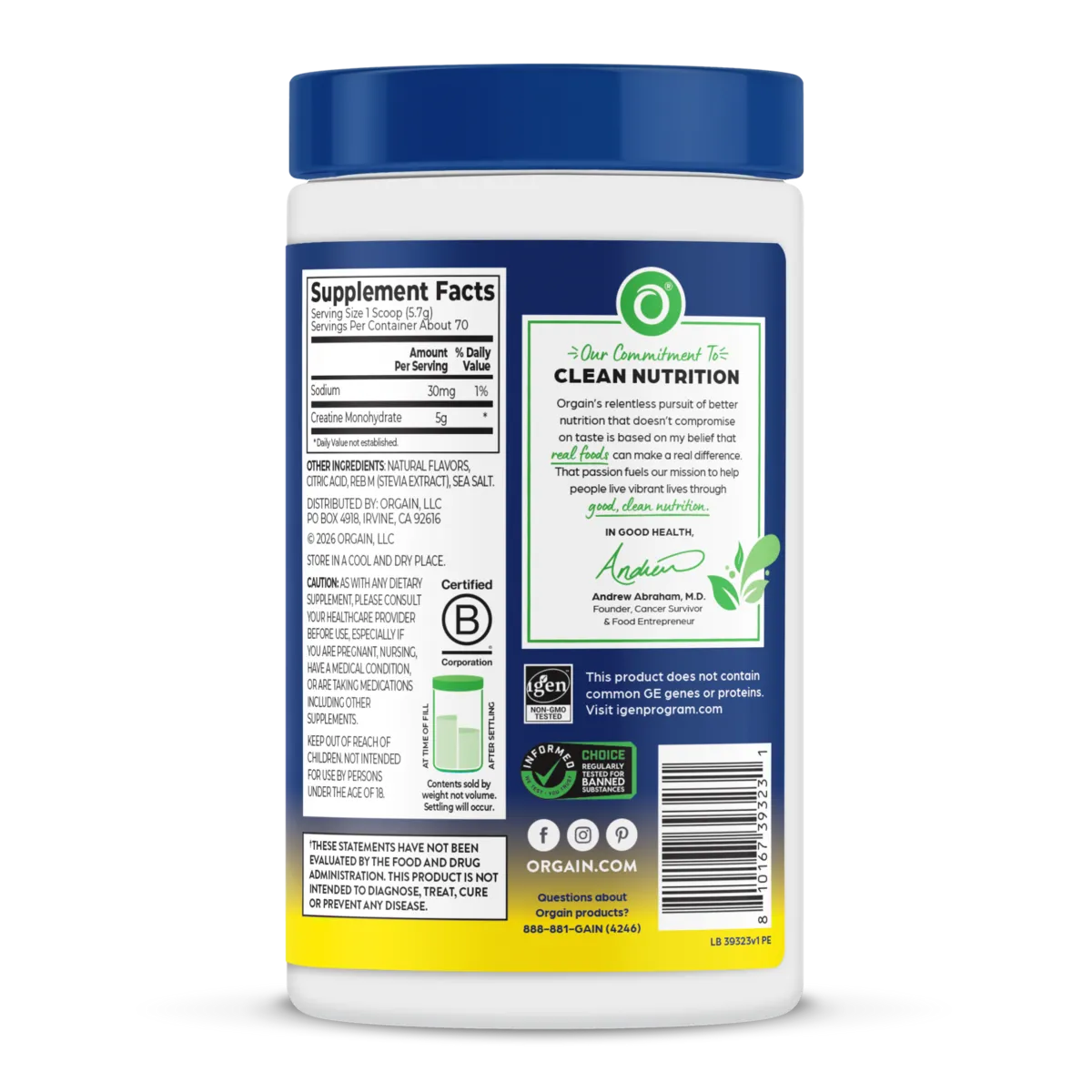 The back of a white plastic bottle of Organics Direct Clean Nutrition supplement powder, featuring a blue cap and detailed supplement facts label.