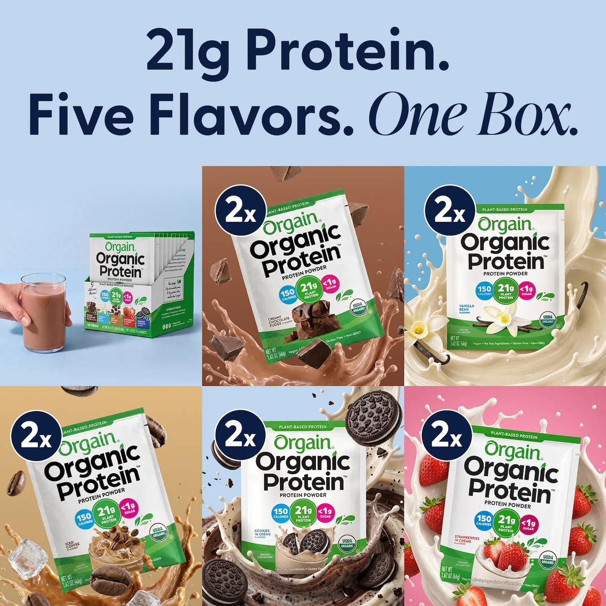 Orgain Organic Protein Plant-Based Protein Powder Variety Pack featuring 10 single-serve packets with 21g protein per serving. Variety pack includes two packets each of Creamy Chocolate Fudge, Vanilla Bean, Iced Coffee, Cookies & Cream, and Strawberries & Cream.