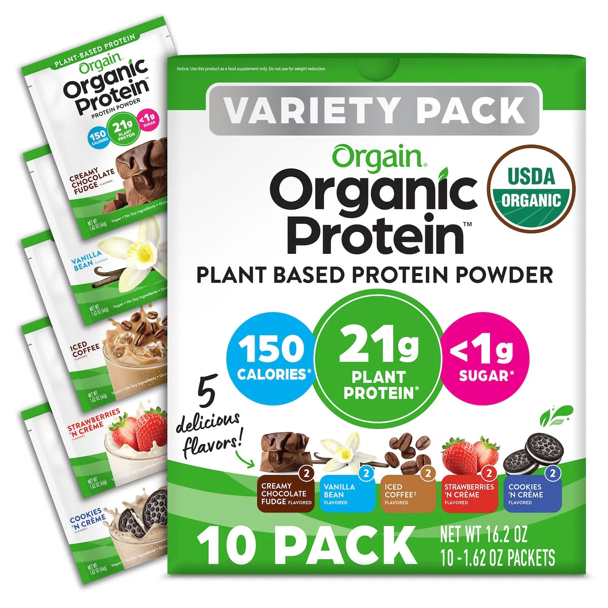 Orgain Organic Protein Plant-Based Protein Powder Variety Pack with 10 single-serve packets in five flavors: Creamy Chocolate Fudge, Vanilla Bean, Iced Coffee, Strawberries & Cream, and Cookies & Cream.