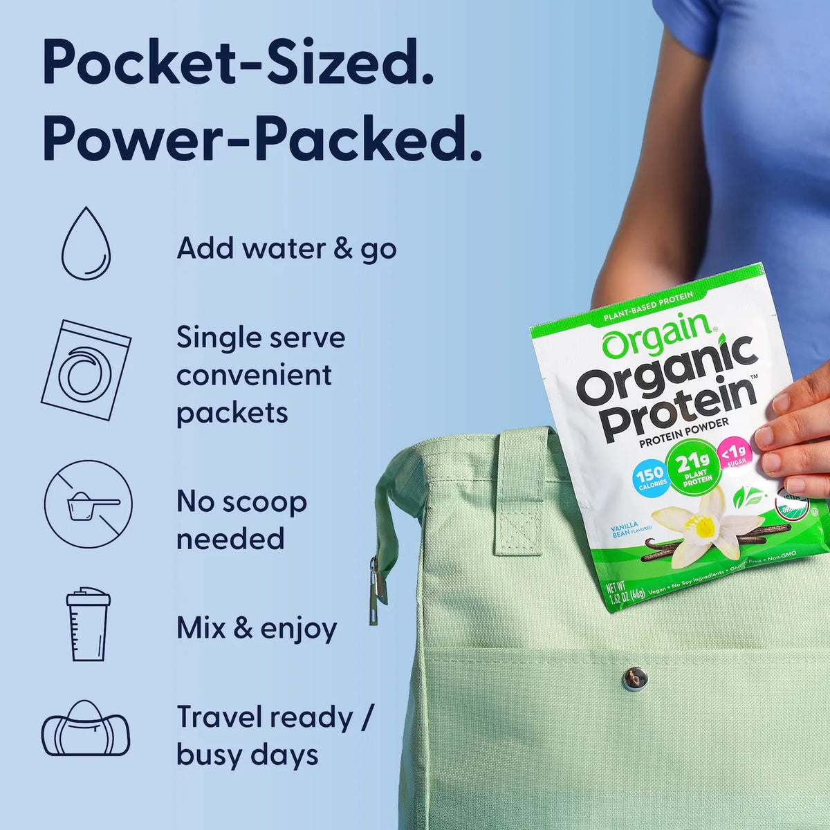Graphic showing an Orgain Organic Protein Plant-Based Protein Powder single-serve packet being packed into a bag. Text highlights add-water-and-go convenience, single-serve packets, no scoop needed, easy mixing, and portability for travel or busy days.