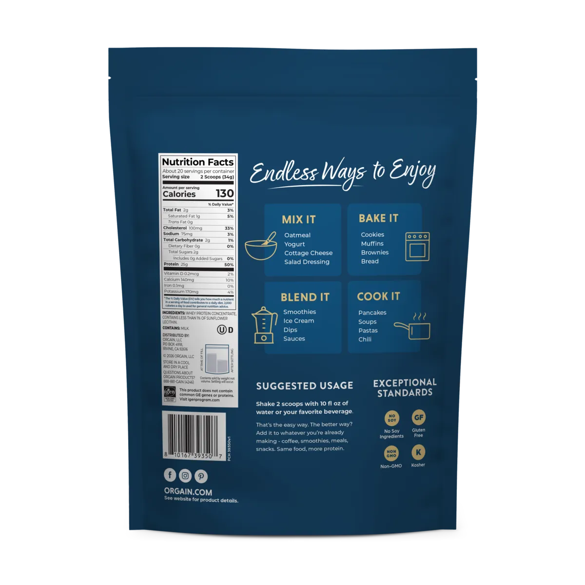 Back of Orgain unflavored whey protein powder in a 24 oz pouch