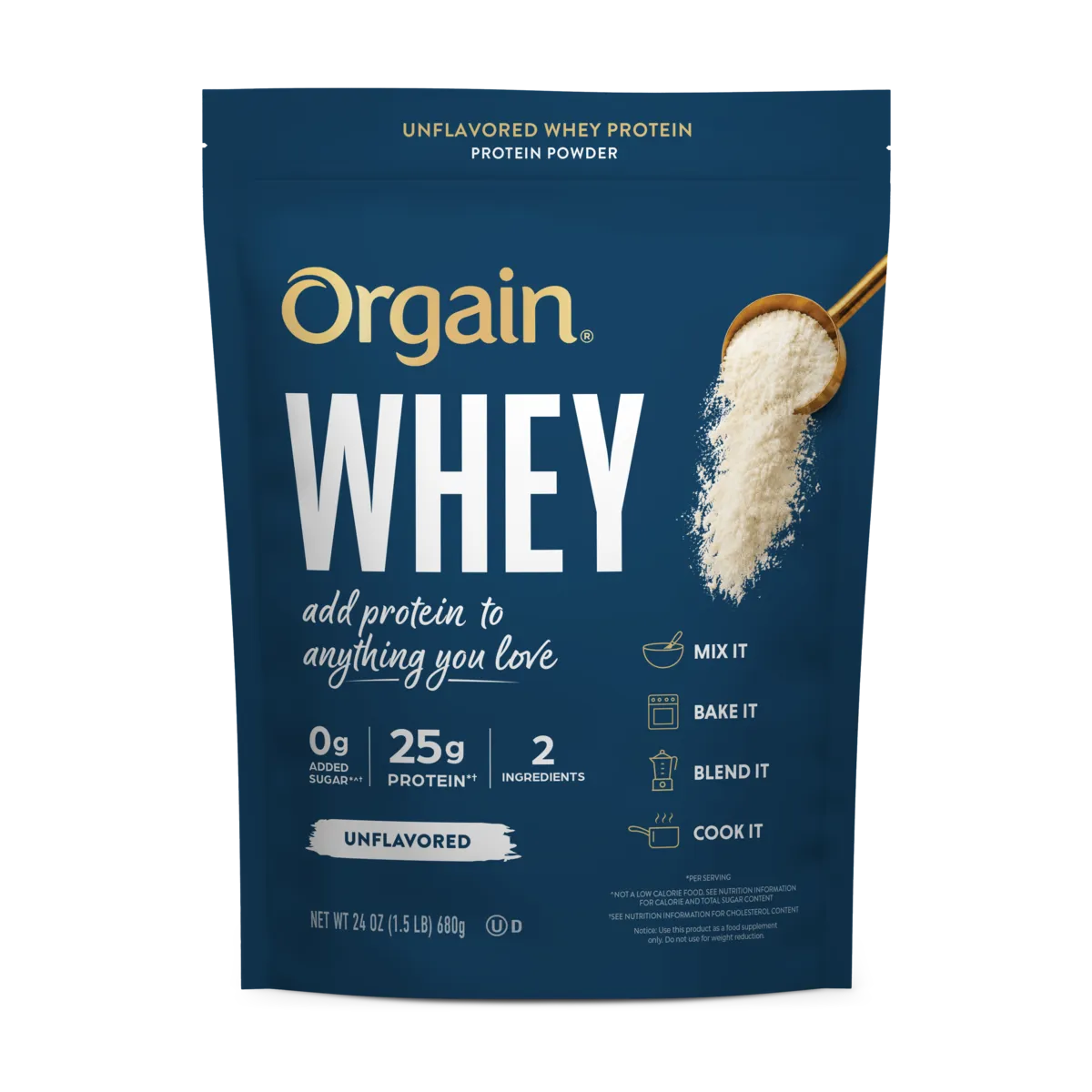Front of Orgain unflavored whey protein powder in a 24 oz pouch