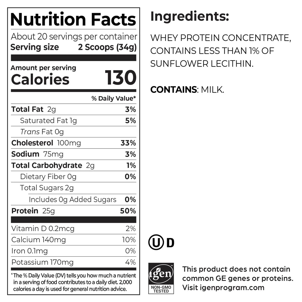 Nutrition fact panel for Orgain unflavored whey protein powder in a 24 oz pouch