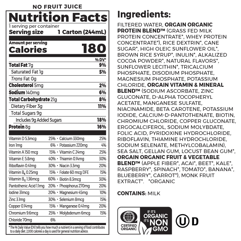 Nutrition fact panel and list of ingredients of Kids Protein Organic Nutrition Shake Chocolate Flavor in the 12 Shakes Size
