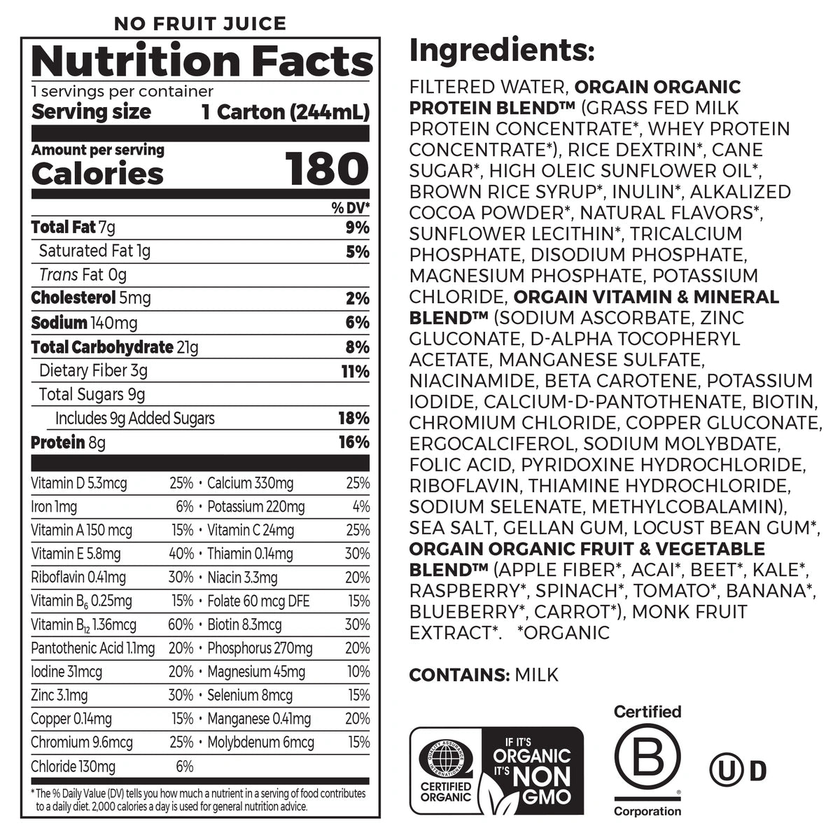 Nutrition fact panel and list of ingredients of Kids Protein Organic Nutrition Shake Chocolate Flavor 