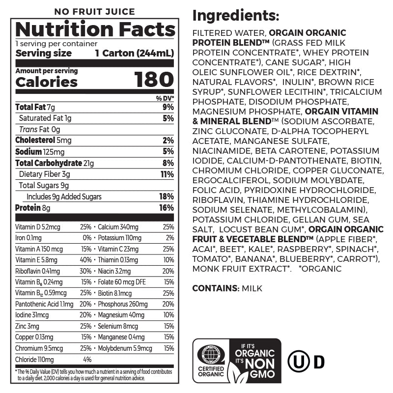 Nutrition fact panel and list of ingredients of Kids Protein Organic Nutrition Shake - Vanilla  Flavor in the 12 Shakes Size