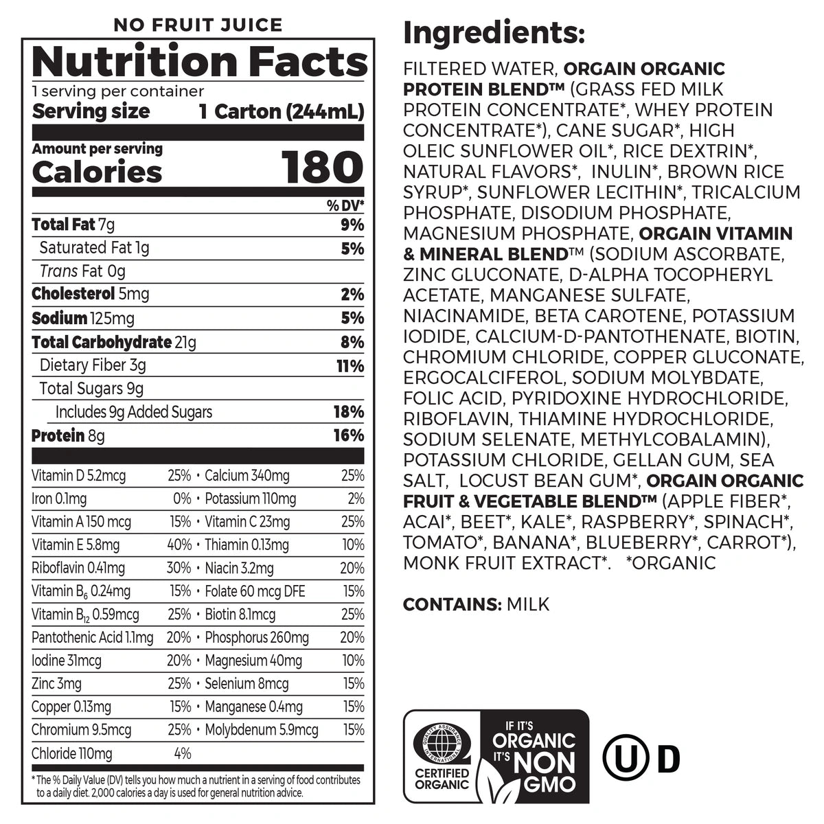 Nutrition fact panel and list of ingredients of Kids Protein Organic Nutrition Shake - Vanilla  Flavor 