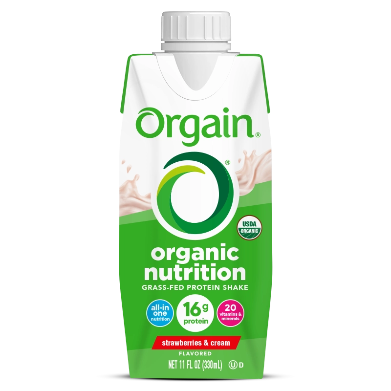 Front of Organic Nutrition Shake - Strawberries & Cream  Flavor in the 12 Shakes Size