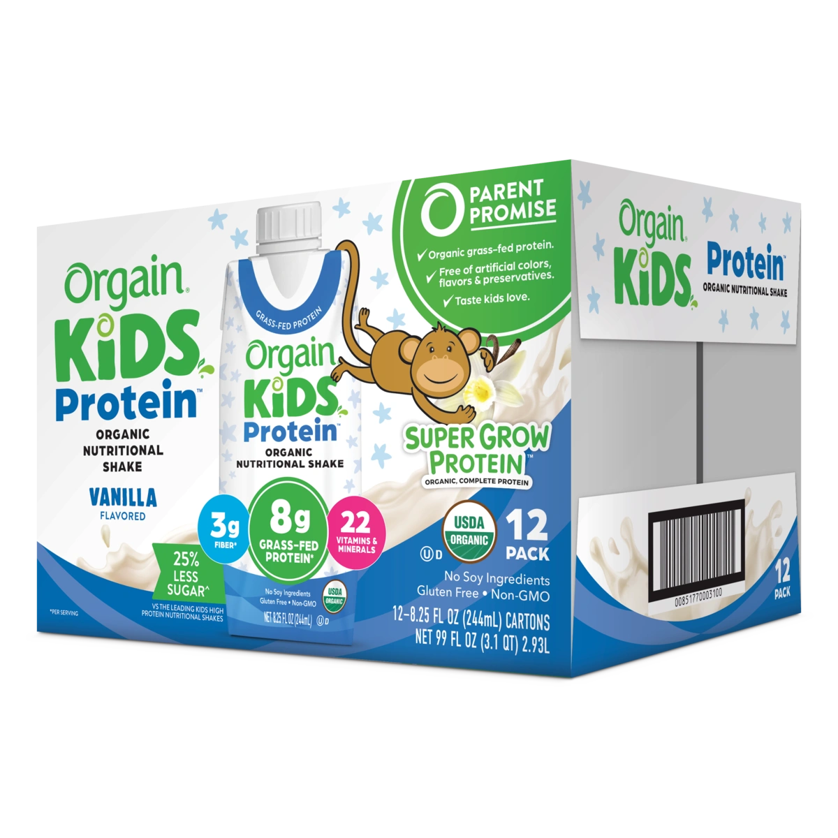 Angled Right side of Kids Protein Organic Nutrition Shake - Vanilla  Flavor in the 12 Shakes Size