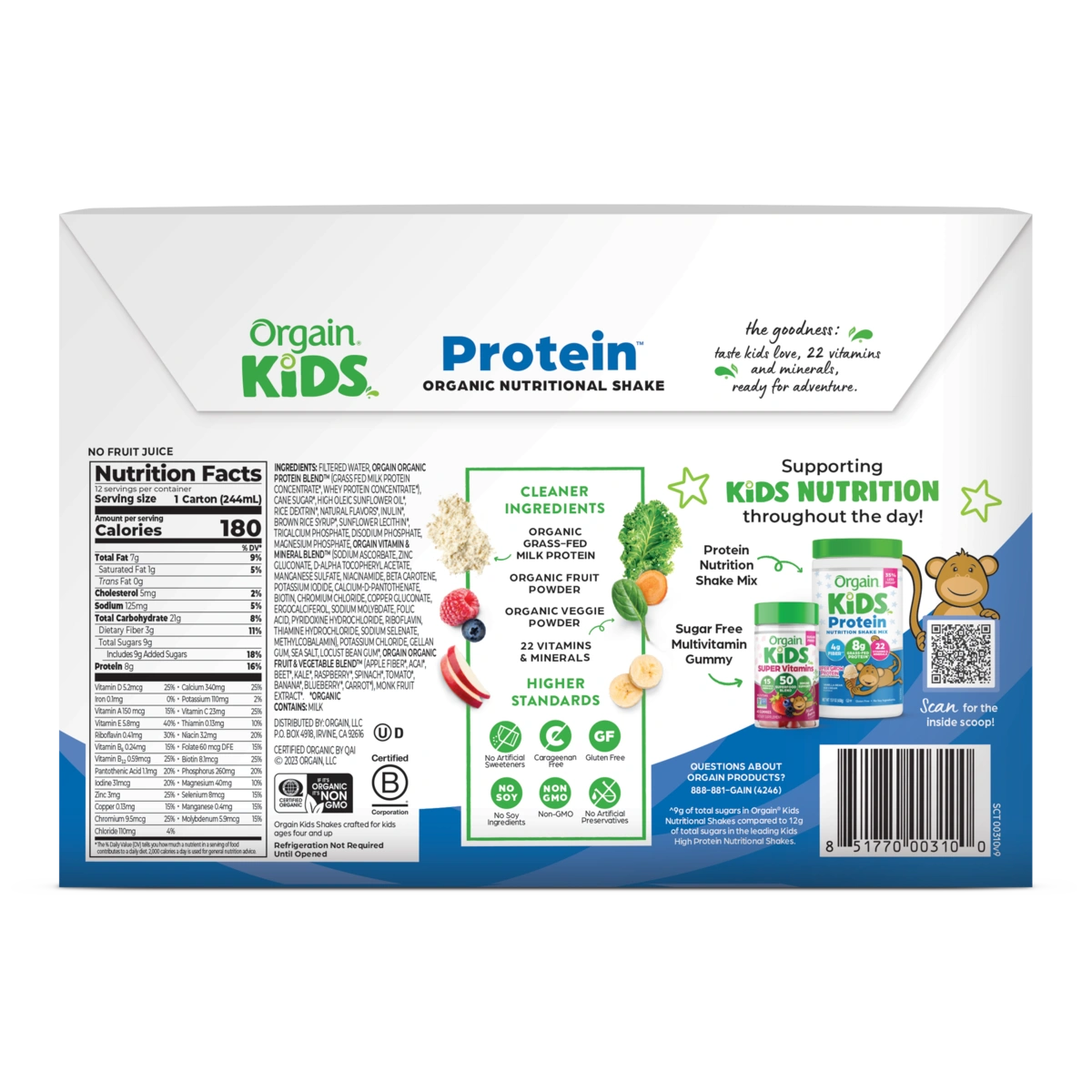 Back of Kids Protein Organic Nutrition Shake - Vanilla  Flavor in the 12 Shakes Size