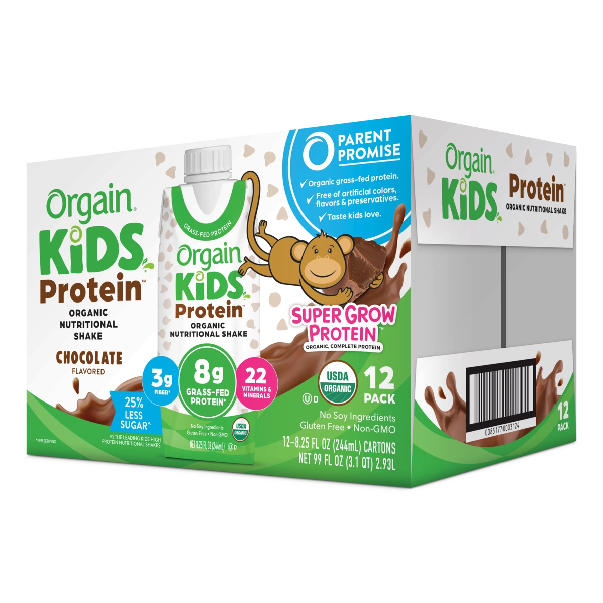 Angled Right side of Kids Protein Organic Nutrition Shake Chocolate Flavor in the 12 Shakes Size