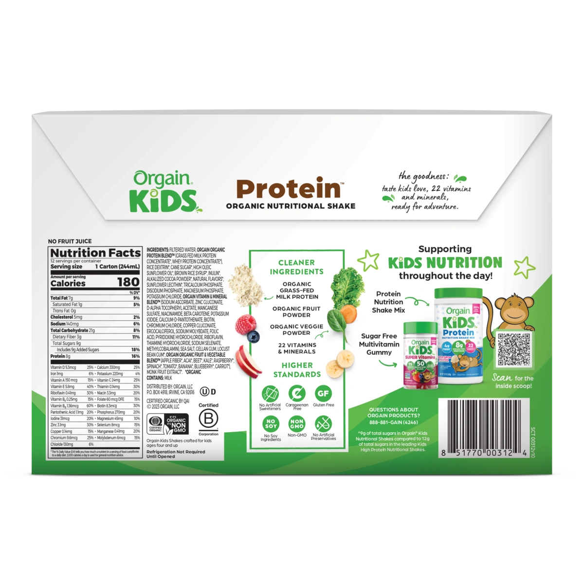 Back of Kids Protein Organic Nutrition Shake Chocolate Flavor in the 12 Shakes Size