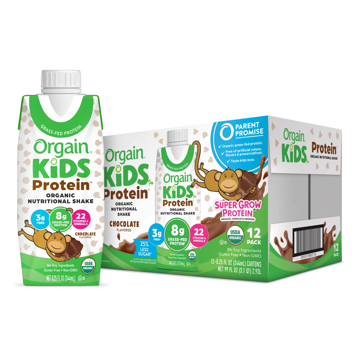 Single and case of Kids Protein Organic Nutrition Shake Chocolate Flavor in the 12 Shakes Size