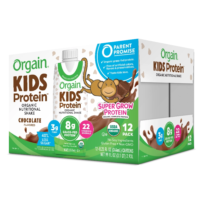 Angled Right side of Kids Protein Organic Nutrition Shake Chocolate Flavor in the 12 Shakes Size