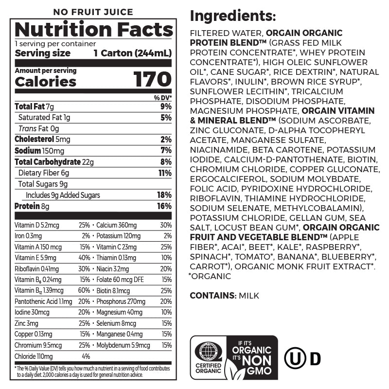 Nutrition fact panel and list of ingredients of Kids Protein Organic Nutrition Shake - Strawberry  Flavor in the 12 Shakes Size
