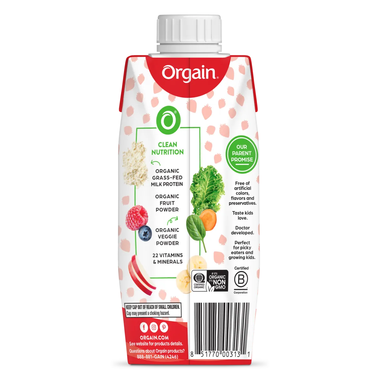 Back of Kids Protein Organic Nutrition Shake - Strawberry  Flavor in the 12 Shakes Size