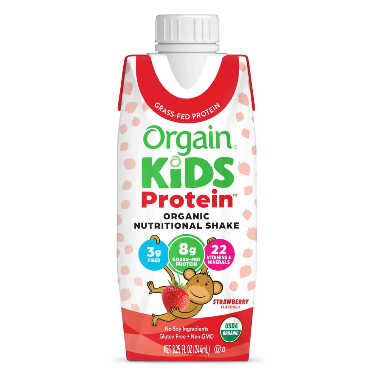 Front of Kids Protein Organic Nutrition Shake - Strawberry  Flavor in the 12 Shakes Size