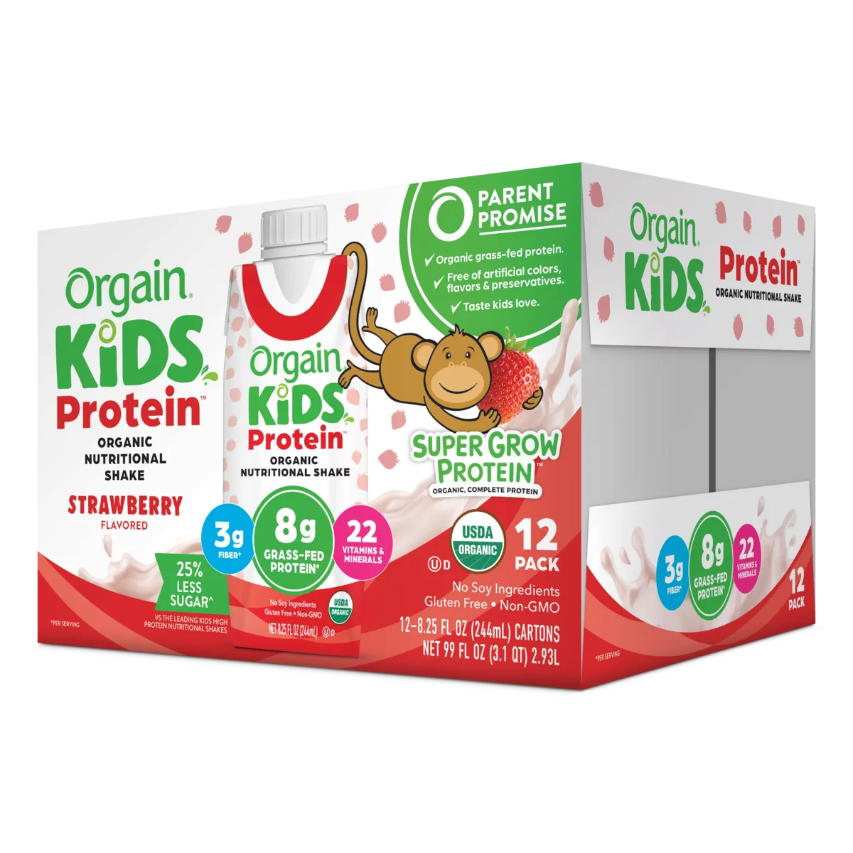 Angled Right side of Kids Protein Organic Nutrition Shake - Strawberry  Flavor in the 12 Shakes Size