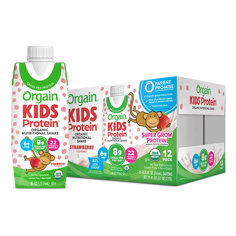 Single and case of Kids Protein Organic Nutrition Shake - Strawberry  Flavor in the 12 Shakes Size