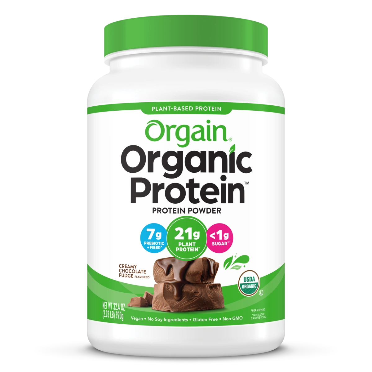 Front of Organic Protein Plant Based Protein powder in creamy chocolate fudge flavor 2lb size