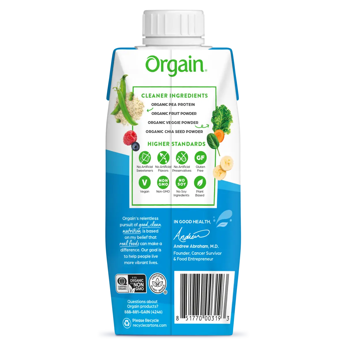 Back of Vegan Organic Nutrition Shake in Creamy Chocolate Fudge Flavor single serving