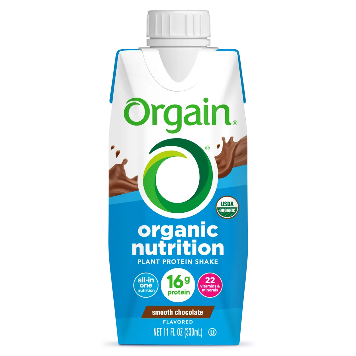 Front of Vegan Organic Nutrition Shake in Creamy Chocolate Fudge Flavor single serving