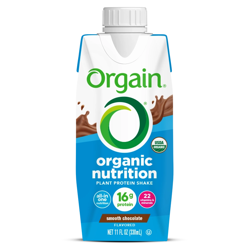 Front of Vegan Organic Nutrition Shake Smooth Chocolate Flavor in the 12 Shakes Size
