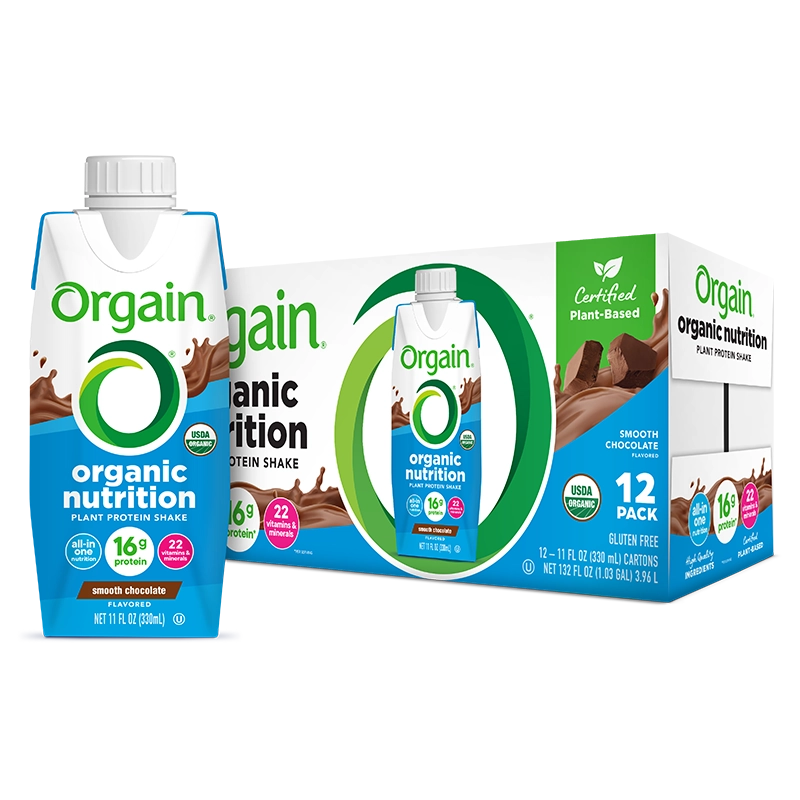 Single and case of Vegan Organic Nutrition Shake Smooth Chocolate Flavor in the 12 Shakes Size