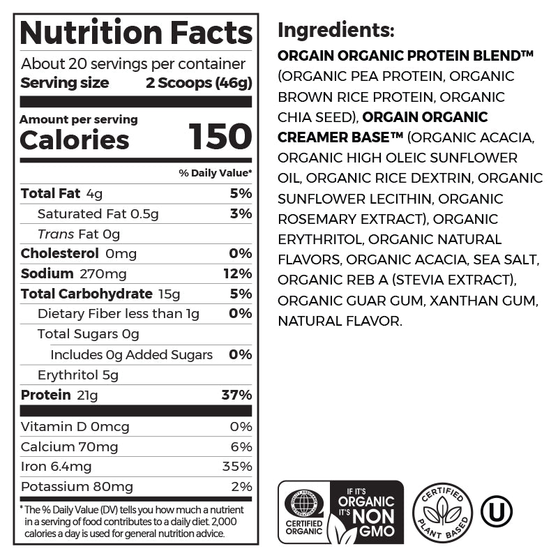Nutrition fact panel and list of ingredients of Organic Protein Plant Based Protein Powder - Vanilla Bean  Flavor in the 1.02lb Canister Size