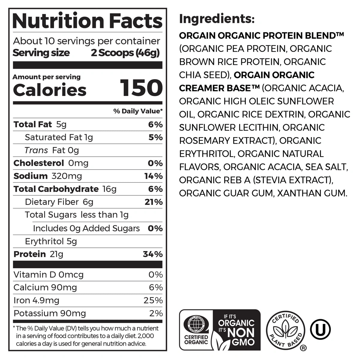 Nutrition Fact Panel and List of ingredients for Organic Protein Plant Based Protein Powder - Vanilla Bean Flavor in the 2.03lb Canister Size