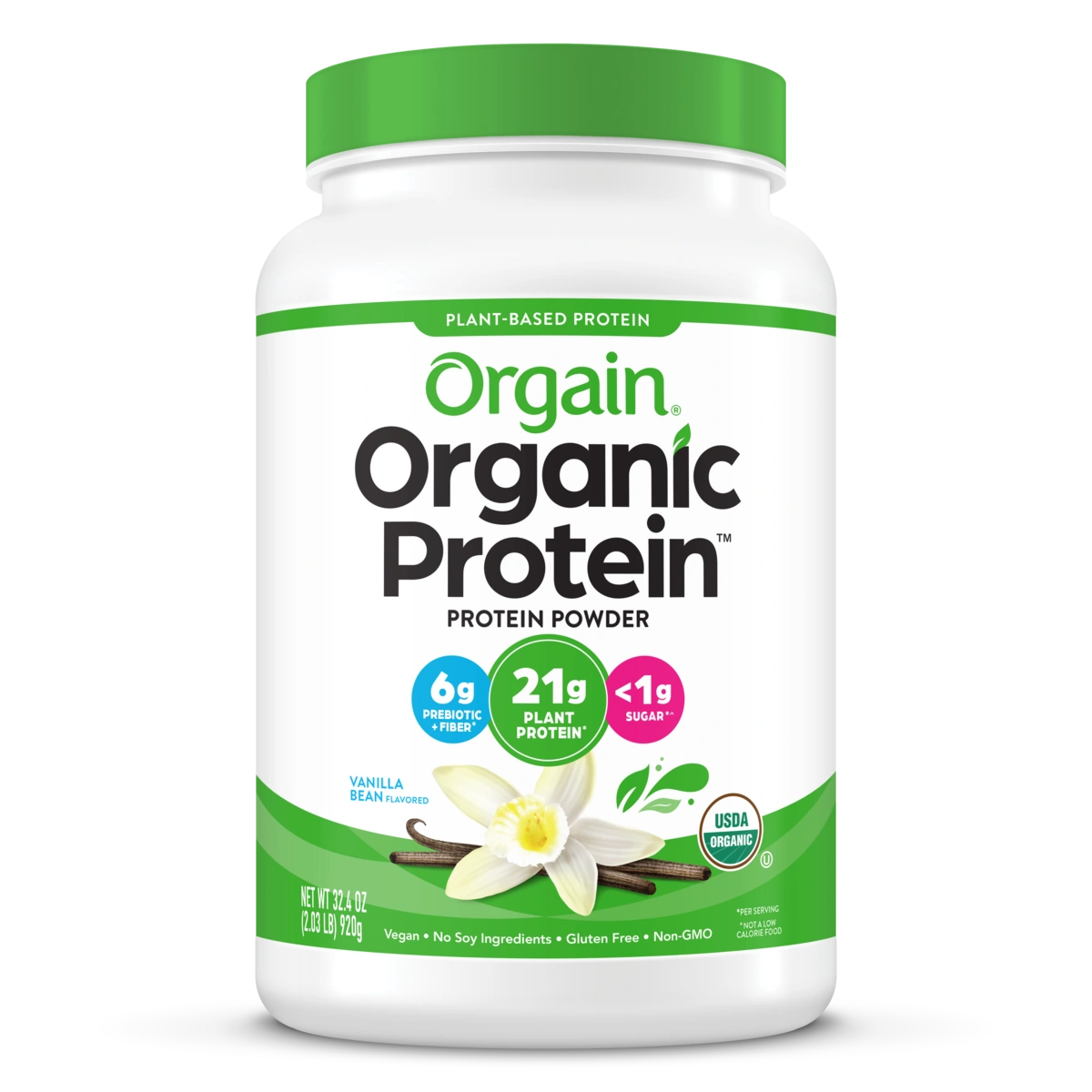 Front of Organic Protein Plant Based Protein Powder - Vanilla Bean Flavor in the 2.03lb Canister Size