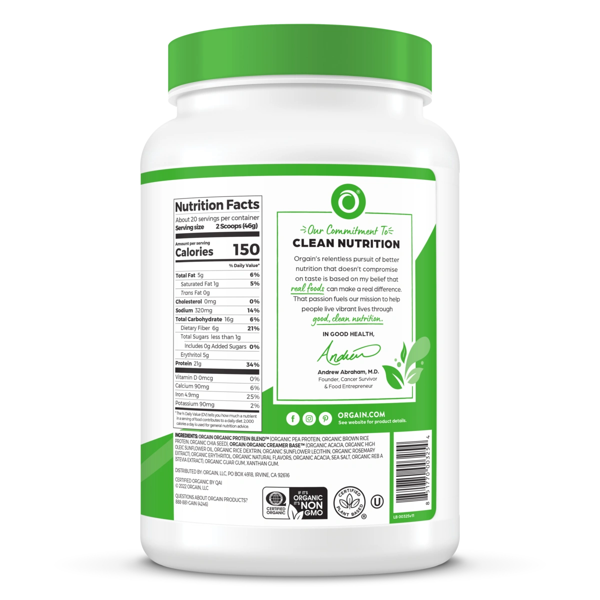 Right Side Organic Protein Plant Based Protein Powder - Vanilla Bean Flavor in the 2.03lb Canister Size