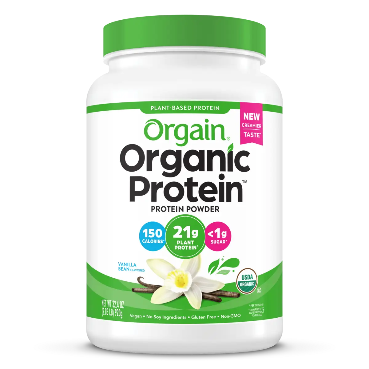 Front of Organic Protein Plant Based Protein Powder - Vanilla Bean Flavor in the 2.03lb Canister Size