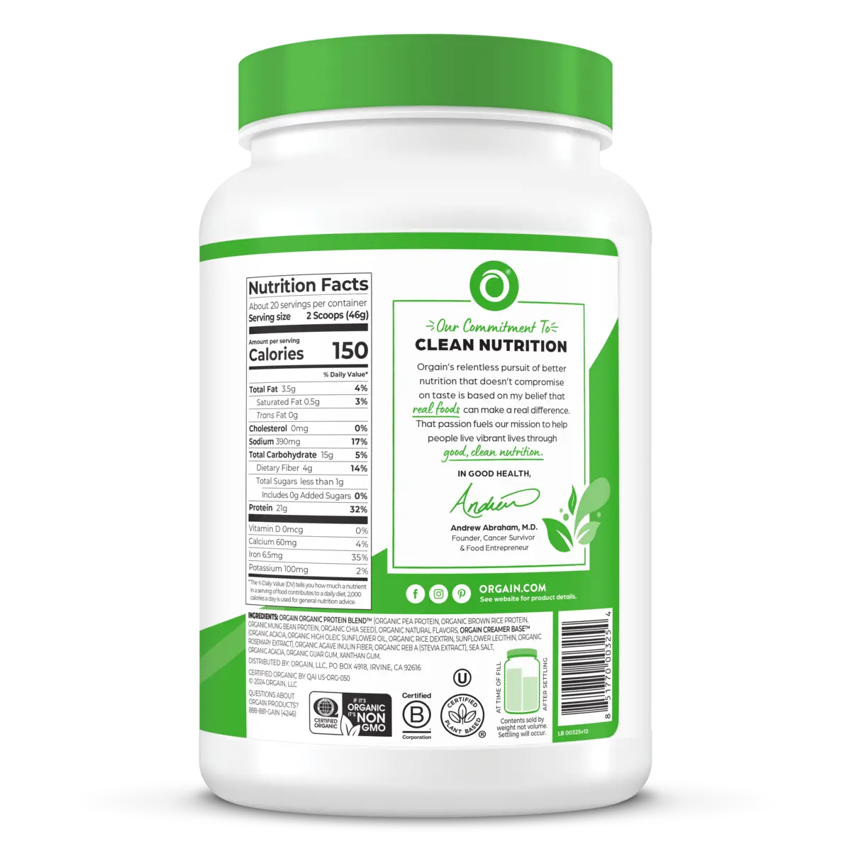 Right Side Organic Protein Plant Based Protein Powder - Vanilla Bean Flavor in the 2.03lb Canister Size